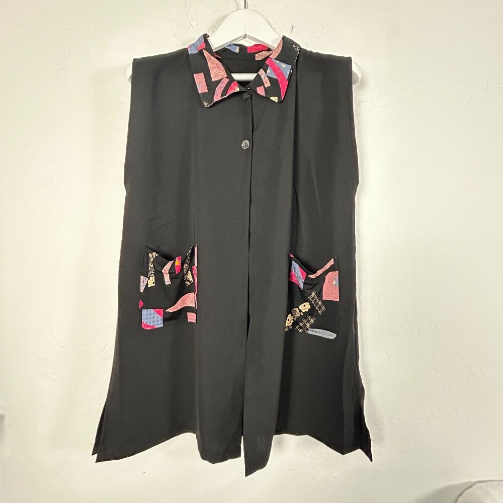 Vintage Solie Black Sleeveless Button-Down Vest With Multicolor Patchwork Collar